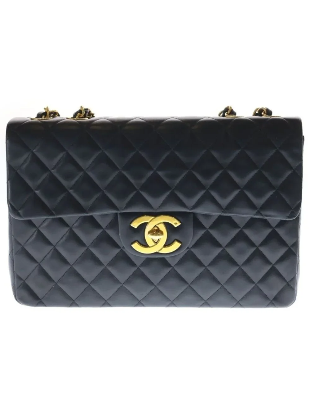 Chanel Deca Quilted 34 Lambskin Leather S Flap Chain Shoulder Bag Gold Black